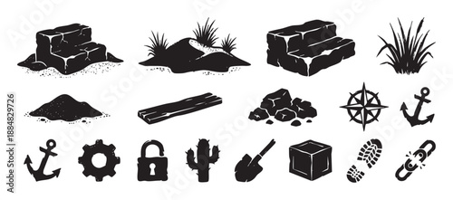 Collection of black hand-drawn grunge icons featuring an anchor, compass, shovel, rocks, and other adventure elements in a bold silhouette style for various design projects