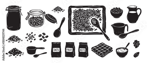 Black and white hand-drawn illustration set of homemade granola ingredients and breakfast items, including oats, nuts, fruit, jars, bowls, and spoons in a rustic woodcut style