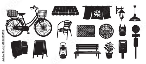 Set of black Japanese street life icons including a bicycle with basket, noren curtain, manhole cover, bench, lantern, and other urban elements in a simple graphic illustration style