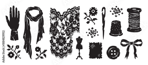 Set of black sewing and craft icons including a needle, thread, thimble, lace, mannequin, and scarf in a graphic, distressed linocut illustration style for handmade concepts