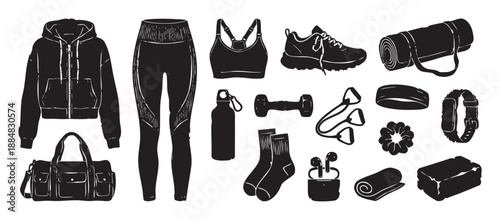Set of black fitness icons featuring gym clothing, workout gear, and accessories like a dumbbell, yoga mat, and sneakers in a bold, graphic hand-drawn illustration style