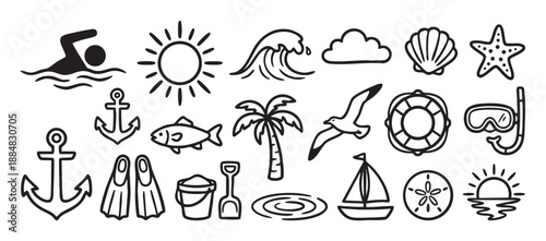 Collection of hand-drawn summer beach icons in a simple black and white doodle style, featuring a sun, wave, palm tree, anchor, and sailboat for vacation themes