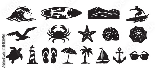 Set of black summer vacation icons featuring a surfer, sailboat, sea turtle, lighthouse, and anchor in a bold, graphic silhouette design with a hand-drawn stamp texture