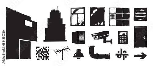 Collection of black urban grunge icons showing buildings, a security camera, a window, and a door in a hand-drawn linocut style for graphic design and illustration