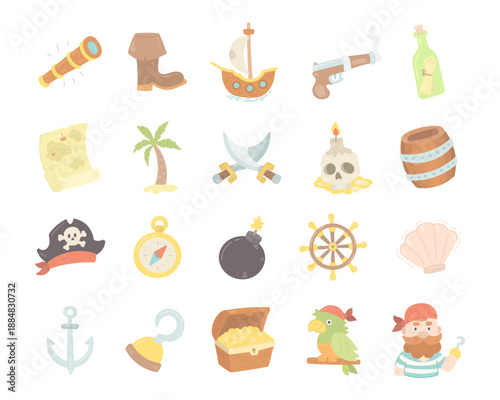 Pirate life adventure set in scandinavian style showing classic seafaring objects characters treasure navigation weapons symbols inspired by illustration for storytelling projects