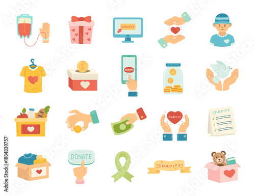 Charity support donation set in scandinavian style featuring blood gift volunteers funds food clothes toys online help ribbon checklist banner