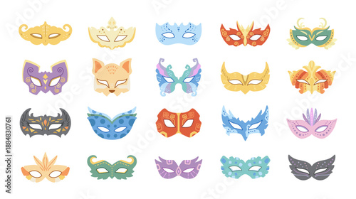 Carnival mask set in scandinavian style featuring masquerade face covers with ornaments festival costume accessories celebration perfect for your illustration and creative designs projects