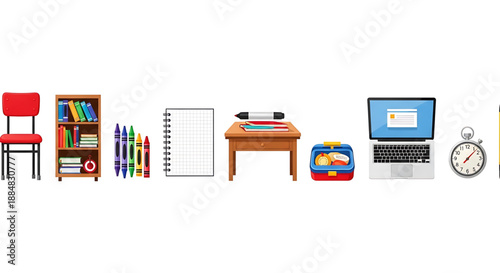 Back to school a collection of school and office supplies on a including a chair, bookshelf, books, pencils, notebook, desk, headphones, lunchbox, laptop, and clock