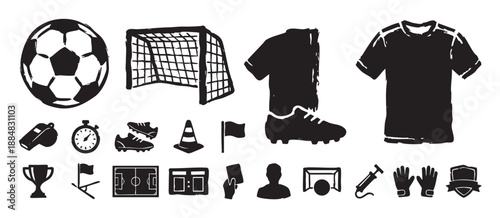 Collection of black hand-drawn soccer icons including a ball, goal, jersey, cleats, and other sports equipment in a rough, grunge stamp style illustration set