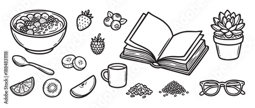 Set of hand-drawn black and white illustrations featuring a healthy breakfast bowl, fresh fruits, coffee, an open book, a succulent plant, and eyeglasses in a simple doodle style