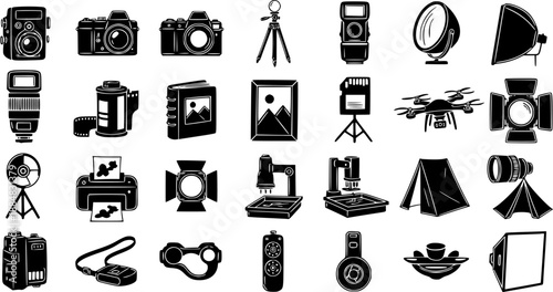 Photography Equipment and Studio Tools Black and White Glyph Icons Set. Camera, Lens, Tripod, Flash, Drone, and Darkroom Gear Silhouettes.