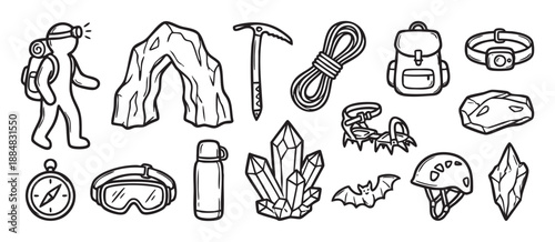 Hand-drawn doodle set of caving equipment and spelunking icons, including a helmet, rope, headlamp, and crystals, in a simple black and white line art illustration style
