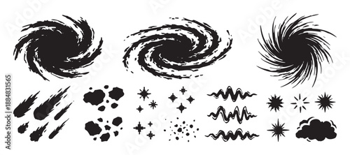 Set of hand-drawn black space elements including spiral galaxies, comets, asteroids, stars, and cosmic shapes in a minimalist doodle style for creative design projects