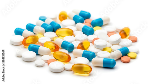 Wallpaper Mural A closeup of various medical pills, tablets, and capsules isolated on a white background for pharmaceutical healthcare treatment and prescription antibiotic care Torontodigital.ca