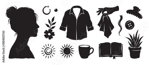 Collection of black hand-drawn silhouette icons showing a woman's profile, shirt, book, plant, and other cozy lifestyle elements in a minimalist graphic style for daily routine concepts