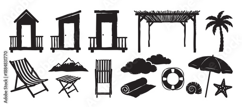 Large collection of hand-drawn black summer vacation icons with a rough texture, including a beach cabana, palm tree, lounge chair, umbrella, and life preserver