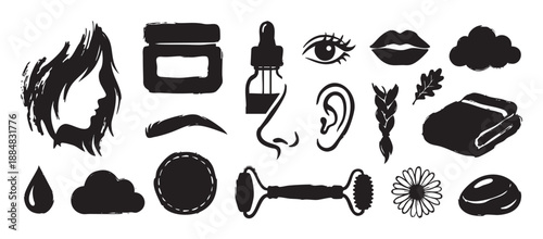 Collection of black hand-drawn beauty icons including a face roller, serum, cream jar, and female silhouette in an artistic brush stroke style for skincare and spa concepts