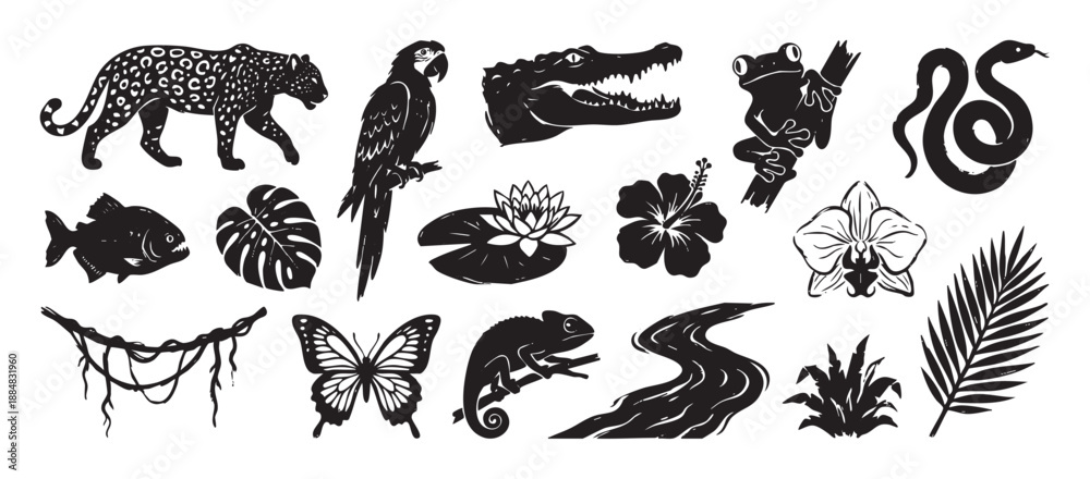 Fototapeta premium Collection of black jungle animal and plant illustrations in a stylized linocut style, featuring a jaguar, parrot, snake, crocodile, and tropical flowers