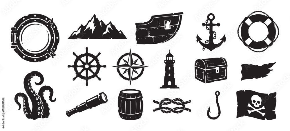 Fototapeta premium Collection of black pirate and nautical icons including a skull, anchor, ship wheel, and treasure chest in a vintage silhouette style for adventure and maritime themes