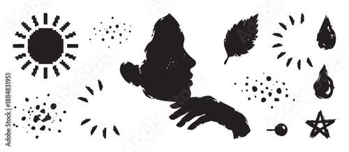 Collection of black grunge silhouette icons featuring a human profile, pixelated sun, leaf, star, and water drops in a hand-drawn, distressed stamp style for graphic design