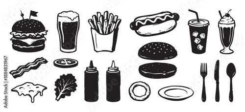 Collection of hand-drawn fast food icons including a burger, fries, hot dog, and drinks in a rustic, monochrome sketch style for restaurant menus or graphic design