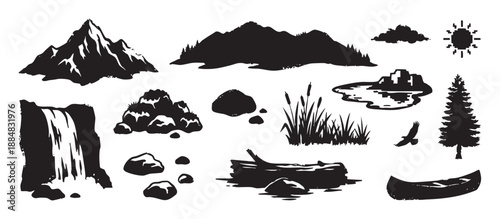 Collection of hand-drawn black nature silhouettes including a mountain range, forest tree, waterfall, canoe, eagle, and other wilderness elements in a rustic stamp style