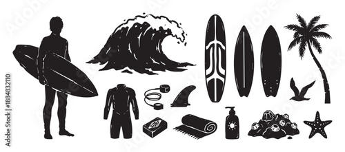 Black and white collection of surfing elements in a graphic hand-drawn style, including a surfer silhouette, ocean wave, surfboards, palm tree, wetsuit, and beach icons