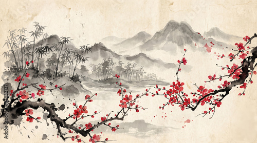 Traditional Chinese Ink Wash Painting Landscape with Bamboo Mountains and Red Cherry Blossoms on Vintage Paper
