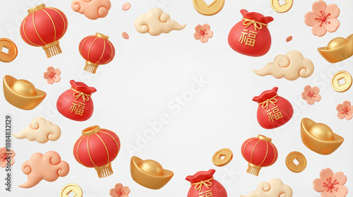 3D Render Chinese New Year Background with Copy Space, Red Lanterns, Lucky Bags and Gold Ingots Greeting Card Template