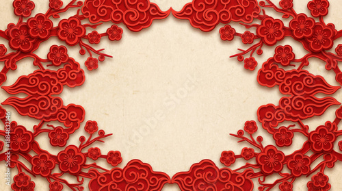 Chinese New Year red paper cut frame with plum blossoms and clouds on beige background
