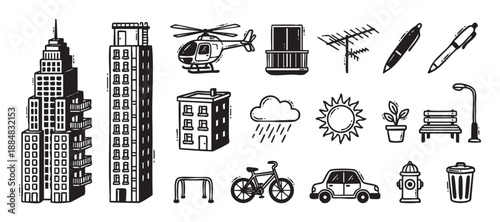 Hand-drawn city life icons and elements including buildings, a helicopter, a car, and street furniture in a bold black and white doodle illustration style