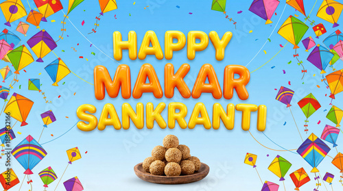 Happy Makar Sankranti Celebration Background with Colorful Kites and Traditional Til Laddu Sweets