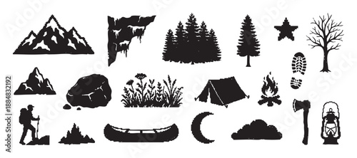 Black pixelated silhouette icon set of camping, hiking, and nature elements including a mountain, forest, tent, campfire, canoe, and hiker for outdoor adventure themes