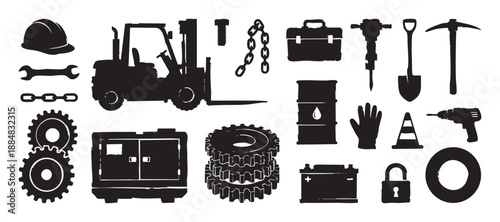 Collection of black industrial tool silhouettes including a forklift, hard hat, and gears in a rough, graphic stamp style for construction and manufacturing concepts