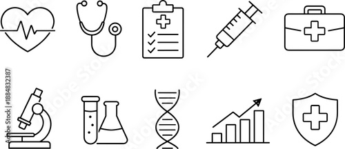 Set of black line icons representing healthcare and medical services including doctor, stethoscope, hospital bed, mental health, IV drip, heart in hands, medical checklist, and patient care. Minimalis