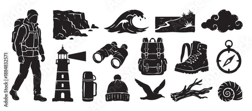 Collection of black and white hiking and travel icons in a hand-drawn linocut style, featuring a hiker, lighthouse, compass, backpack, and other outdoor adventure symbols