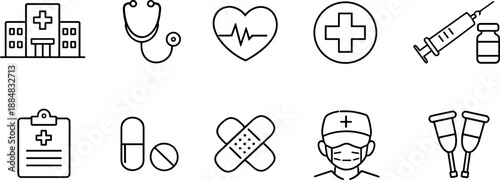 Set of black line icons representing healthcare and medical services including doctor, stethoscope, hospital bed, mental health, IV drip, heart in hands, medical checklist, and patient care. Minimalis