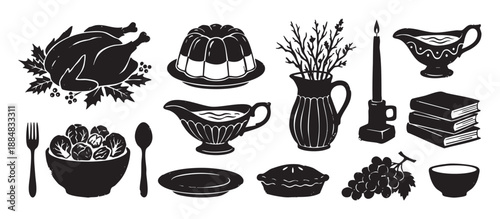 Set of black and white linocut style illustrations depicting a traditional holiday feast with roasted turkey, pie, and festive table elements for a cozy celebration