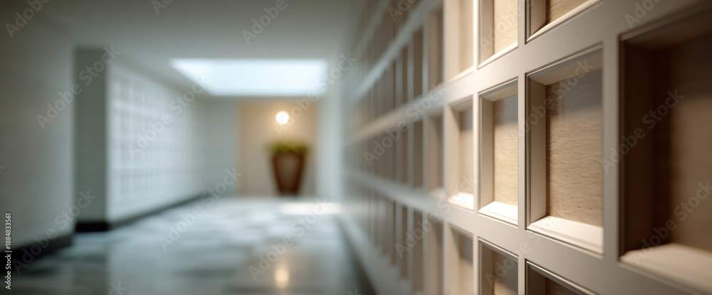 Fototapeta premium Bright contemporary hallway featuring evenly spaced columbarium wall niches and soft skylight