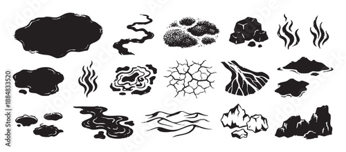 Set of hand-drawn black natural elements featuring rocks, water puddles, smoke wisps, and cracked earth textures in a graphic, minimalist, monochrome illustration style