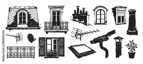 Black and white architectural elements set including windows, balconies, chimneys, and rooftops in a graphic, high-contrast, hand-drawn illustration style with ink splatters