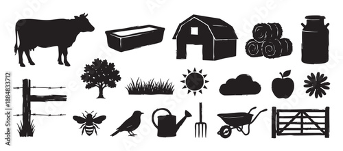 Collection of black farm life silhouettes including a cow, barn, hay bale, milk can, and gardening tools in a rustic, hand-drawn stamp style for agricultural concepts