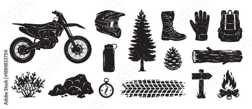 Black grunge silhouette icon set of motocross and outdoor adventure elements featuring a dirt bike, helmet, boots, backpack, campfire, and pine tree