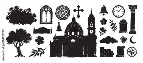 Collection of black grunge style silhouettes featuring a historic cathedral, olive tree, ancient column, and various travel and nature symbols in a distressed stamp effect