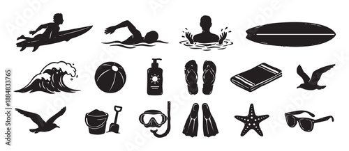 Collection of black summer beach icons featuring a surfer, swimmer, wave, and vacation items like sunscreen and flip-flops in a simple hand-drawn silhouette stamp style