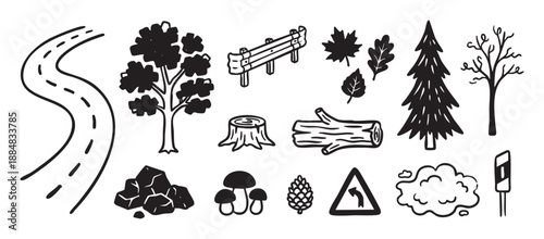 Collection of black and white hand-drawn doodle icons for a forest or roadside theme, featuring a winding road, trees, a log, mushrooms, leaves, and a traffic sign