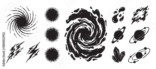 Set of black grunge space icons featuring planets, galaxies, crystals, and energy bursts in a hand-drawn, monochrome, stamp-like illustration style