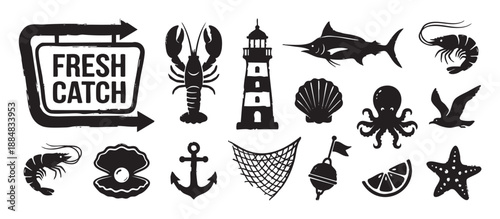 Collection of black silhouette nautical and fishing themed icons with a distressed texture featuring a lobster, octopus, marlin, anchor, and lighthouse