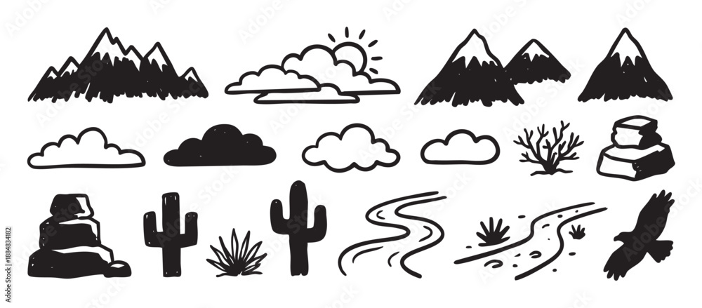 Fototapeta premium Set of hand-drawn black landscape doodles featuring mountains, clouds, a sun, cactus, river, and a bird, illustrated in a rough, sketchy, and minimalist ink style