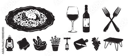 Collection of rustic food and dining illustrations in a black ink stamp style, featuring risotto, wine, bread, grapes, and various kitchen utensils for a cozy meal concept